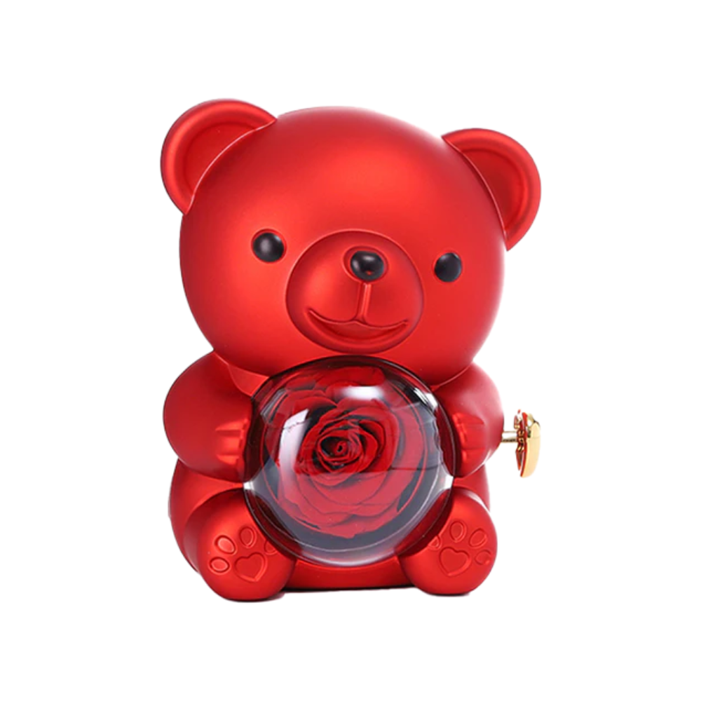 Colar Dueto de Amor & Urso com Rosa Eternizada + Nomes Gravados!🧸