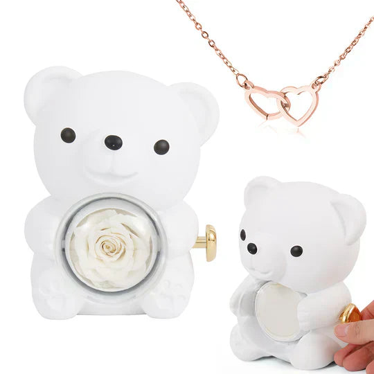 Colar Dueto de Amor & Urso com Rosa Eternizada + Nomes Gravados!🧸