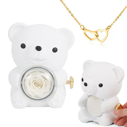 Colar Dueto de Amor & Urso com Rosa Eternizada + Nomes Gravados!🧸