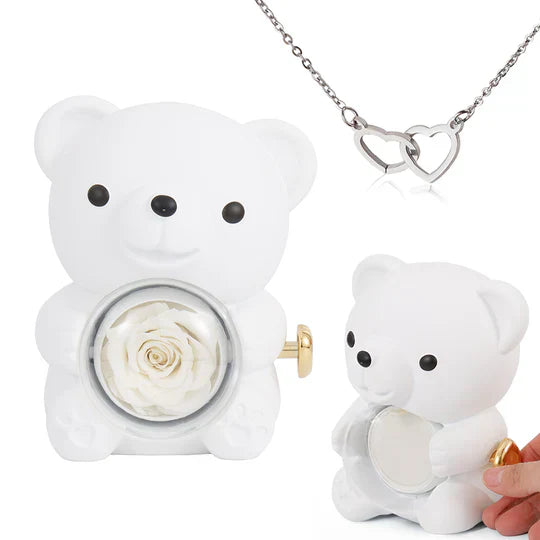 Colar Dueto de Amor & Urso com Rosa Eternizada + Nomes Gravados!🧸 