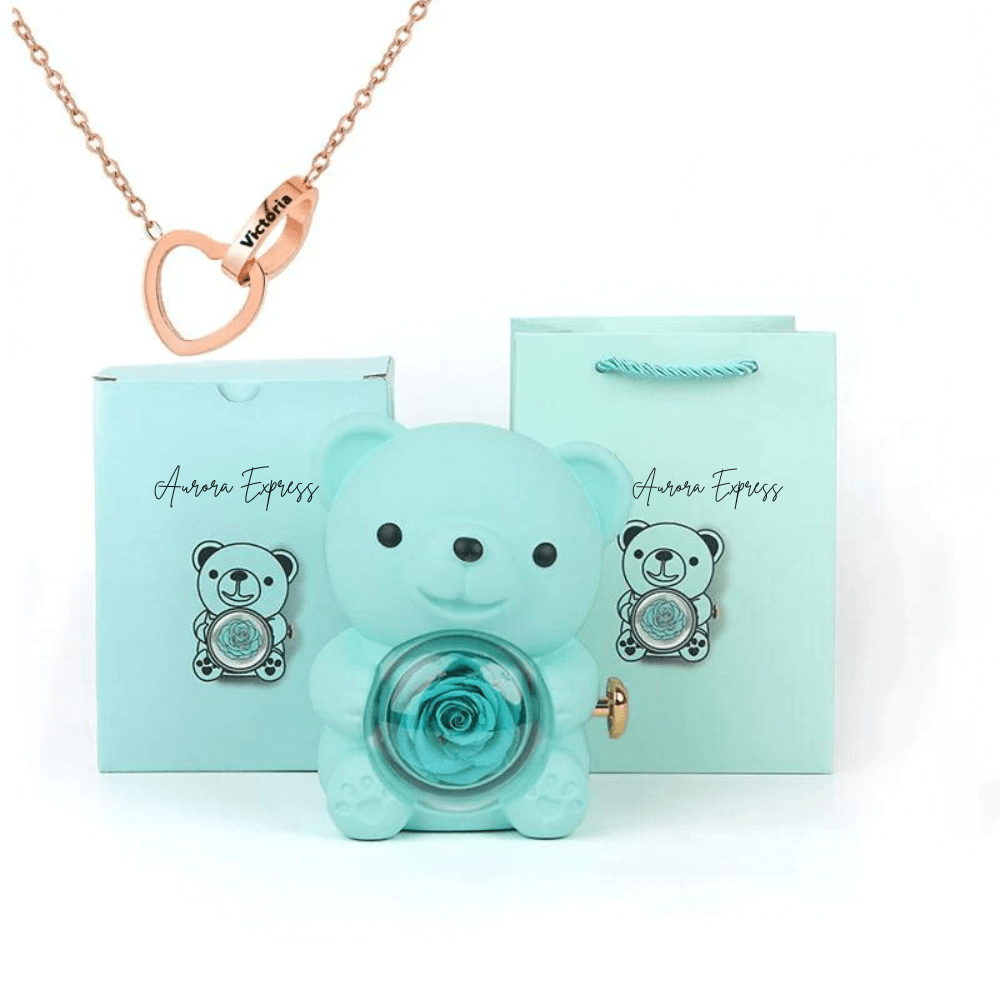 💖 Colar Dois Corações Personalizado + Urso com Rosa Eterna 