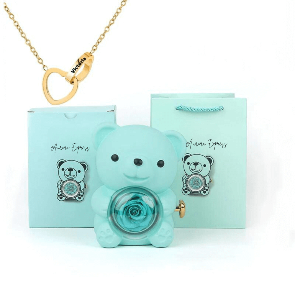 💖 Colar Dois Corações Personalizado + Urso com Rosa Eterna 