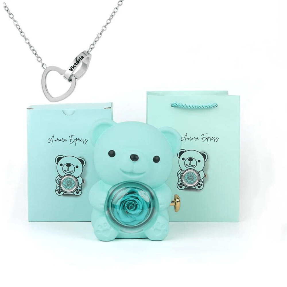💖 Colar Dois Corações Personalizado + Urso com Rosa Eterna 