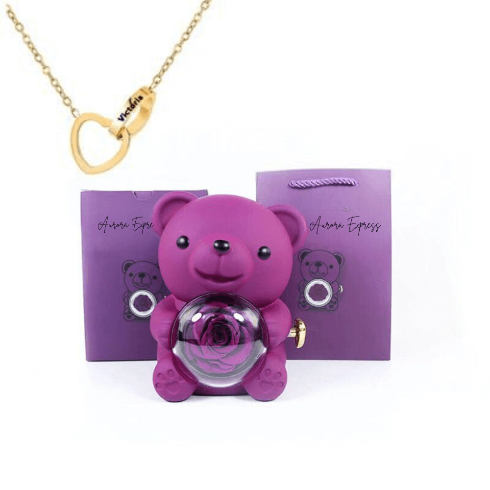 💖 Colar Dois Corações Personalizado + Urso com Rosa Eterna 