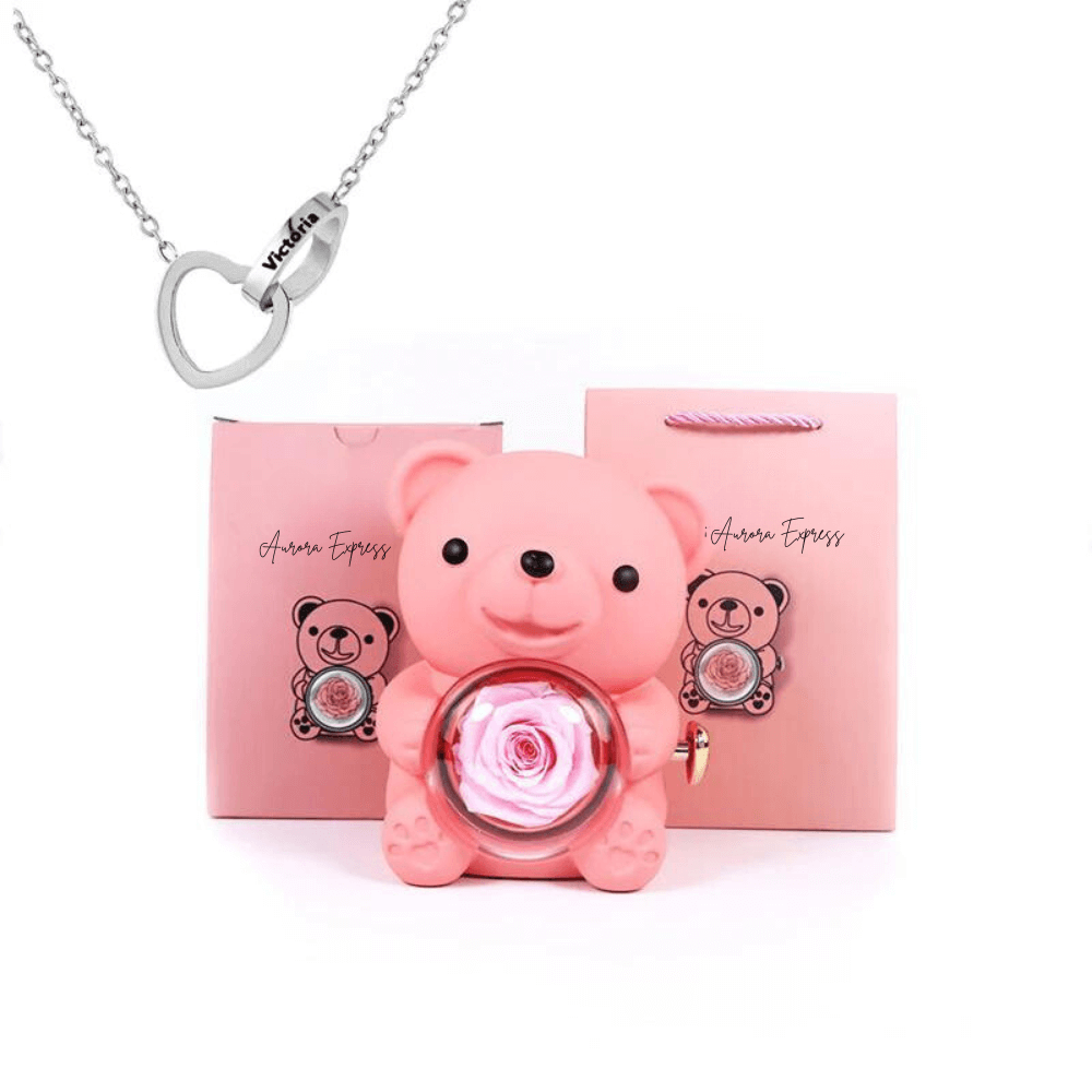 💖 Colar Dois Corações Personalizado + Urso com Rosa Eterna 