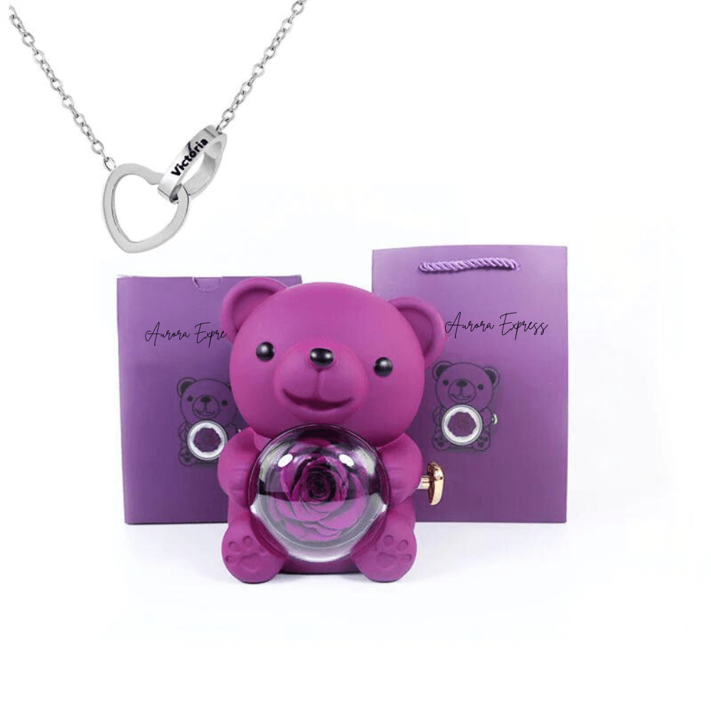 💖 Colar Dois Corações Personalizado + Urso com Rosa Eterna 