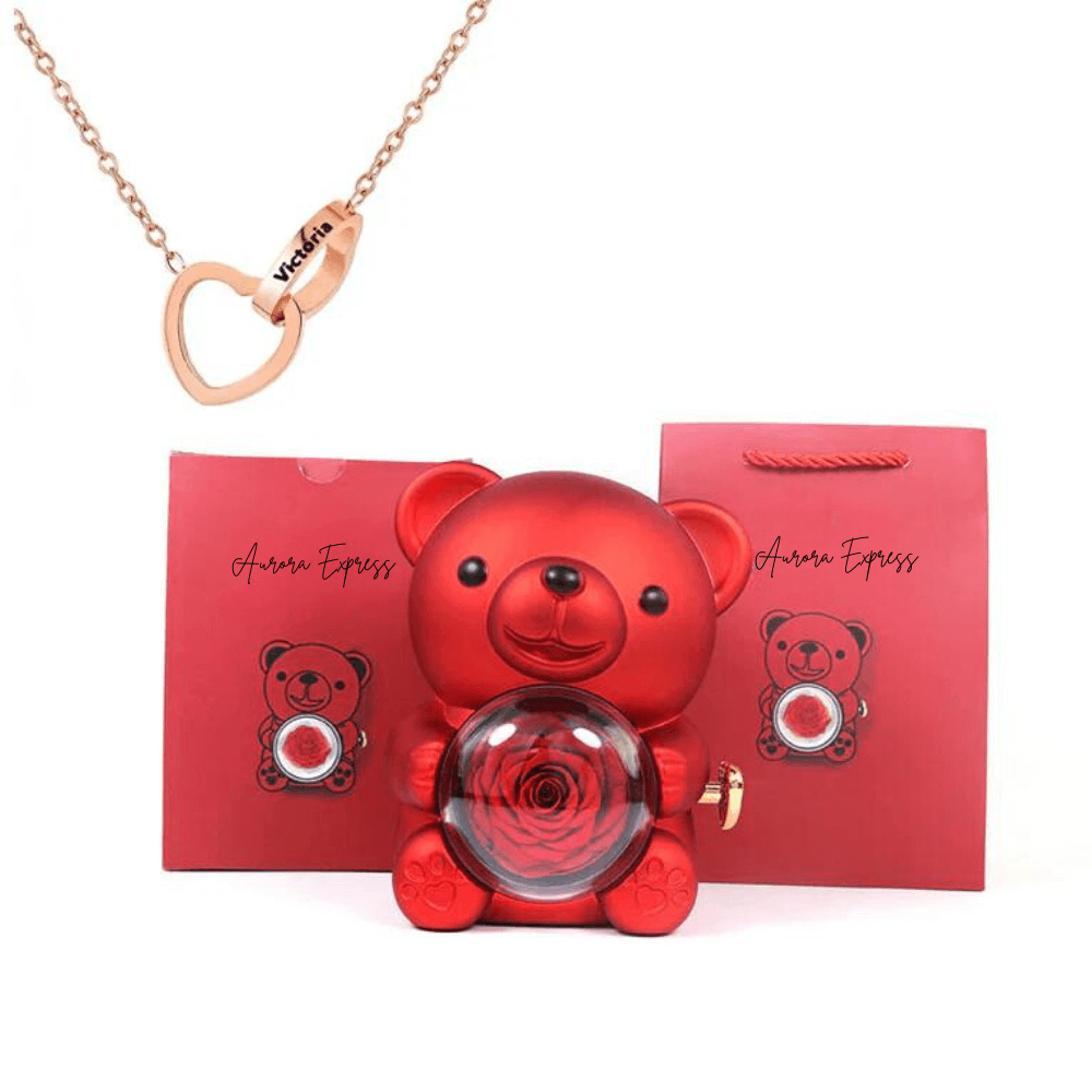 💖 Colar Dois Corações Personalizado + Urso com Rosa Eterna 