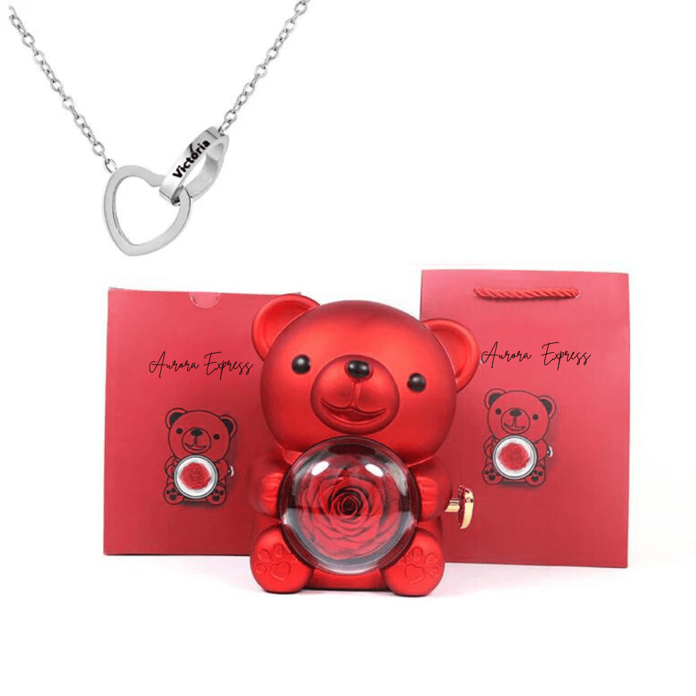 💖 Colar Dois Corações Personalizado + Urso com Rosa Eterna 