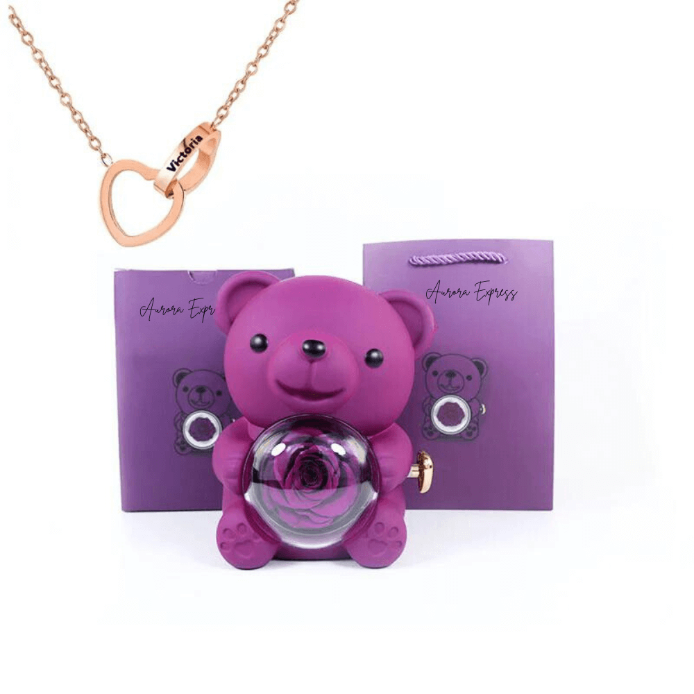 💖 Colar Dois Corações Personalizado + Urso com Rosa Eterna 