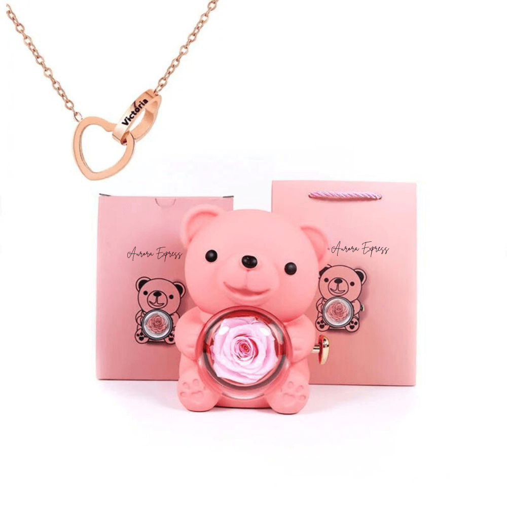 💖 Colar Dois Corações Personalizado + Urso com Rosa Eterna 