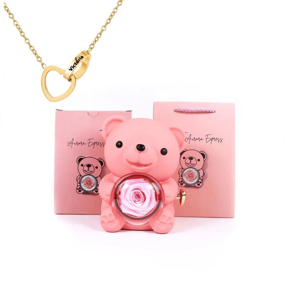💖 Colar Dois Corações Personalizado + Urso com Rosa Eterna 