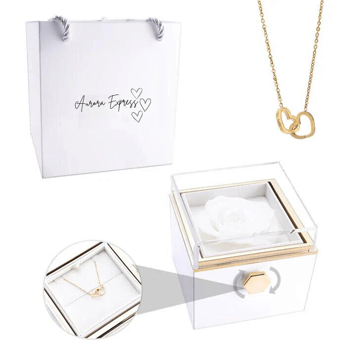 💖 Colar Dois Corações Personalizado + Caixa Rotativa com Rosa Eterna! 